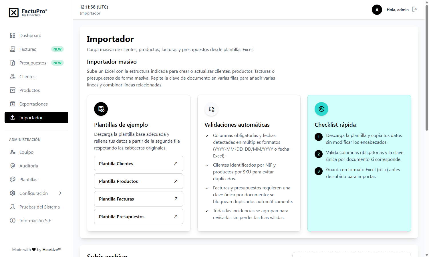 Importador de datos de FactuProˣ con previsualización de registros.