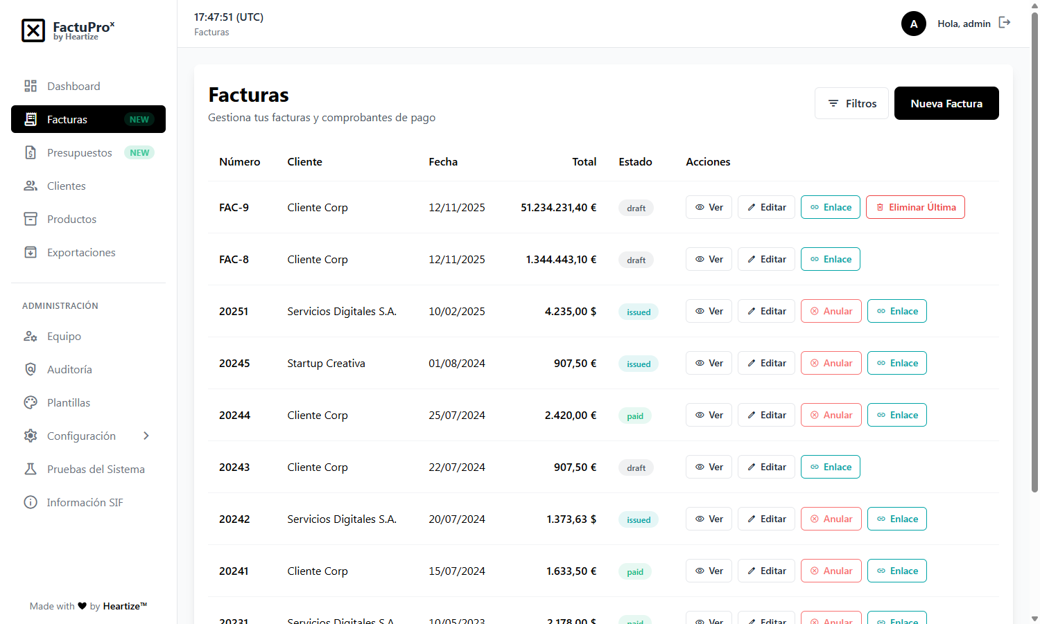 Editor de facturas de FactuProˣ con una factura profesional.