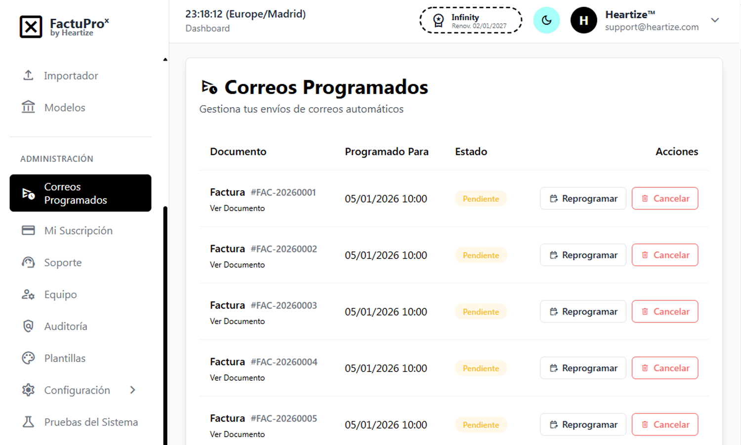 Interfaz de programación de envíos de correo en FactuProˣ.