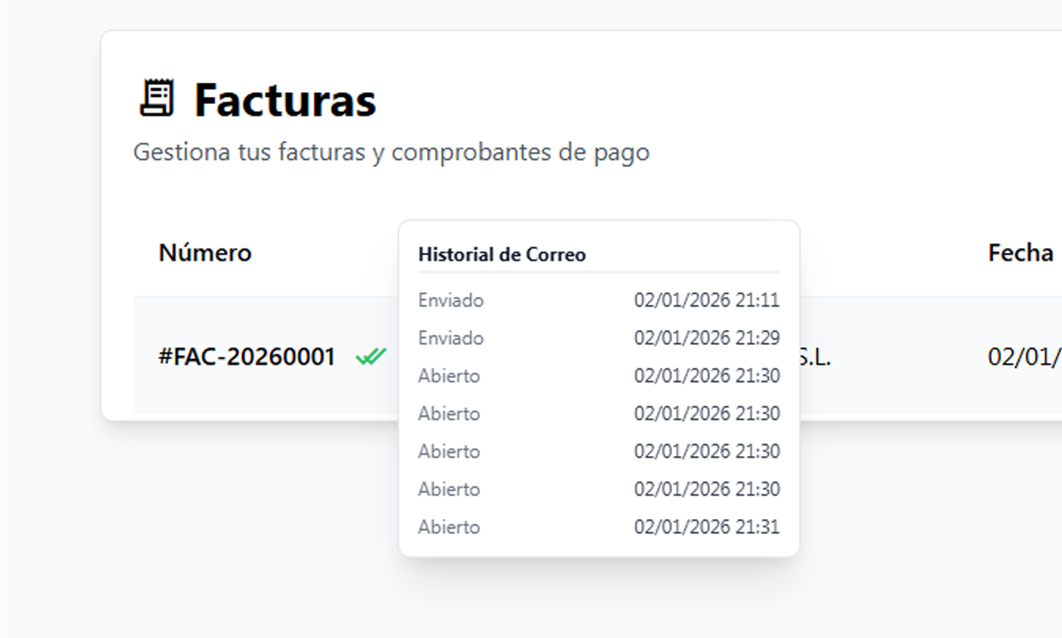 Sistema de seguimiento de apertura de emails de FactuProˣ.
